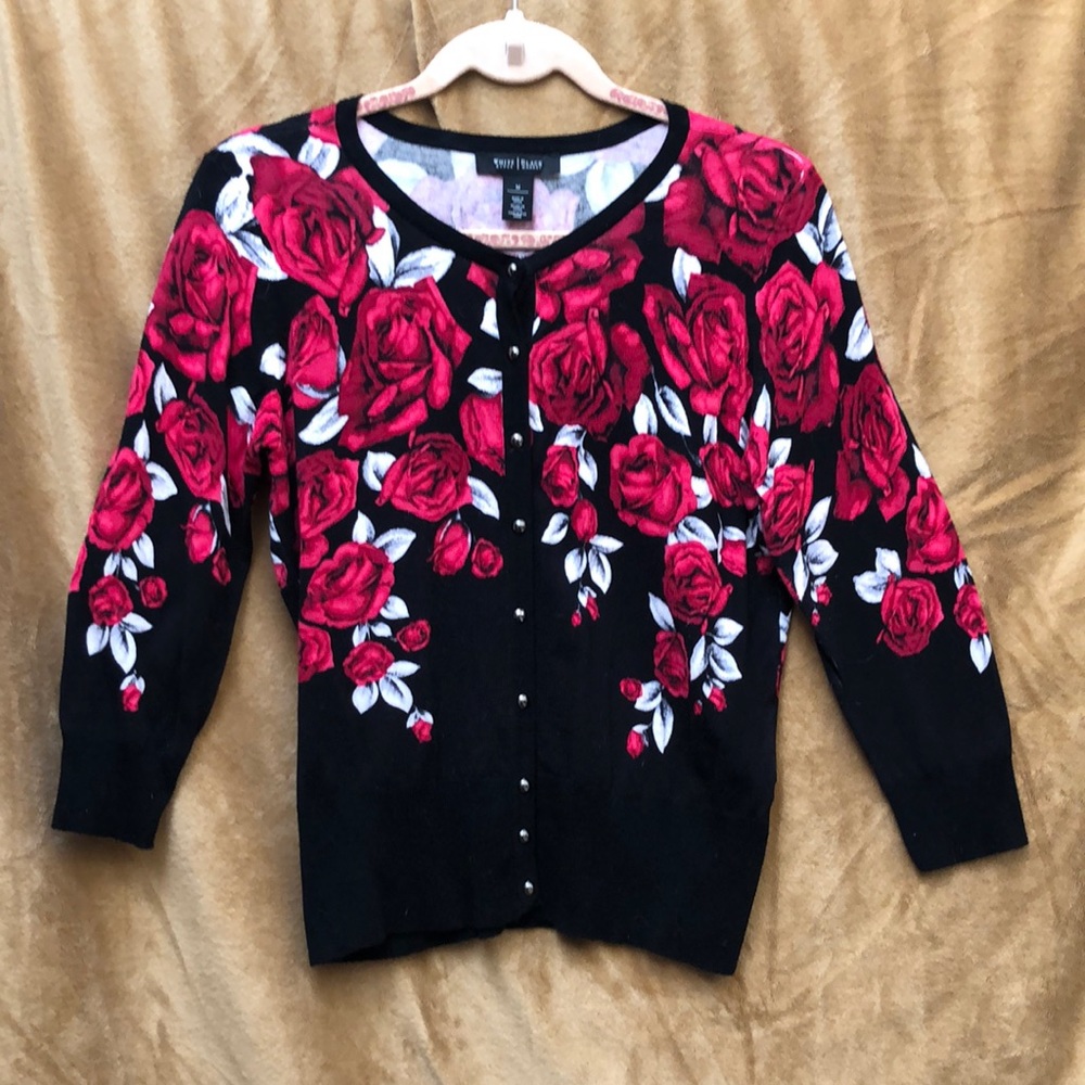 Woman’s beautiful button down the front burgundy, red white and black Cardigan